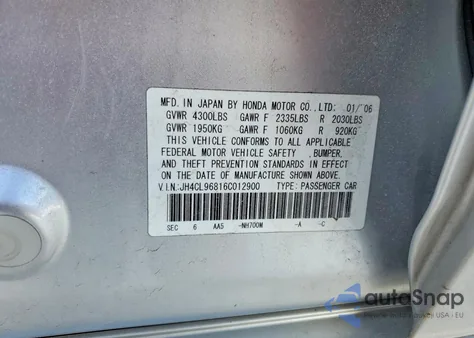 2006 Acura Tsx z USA, uszkodzony, nr VIN JH4CL96816C012900